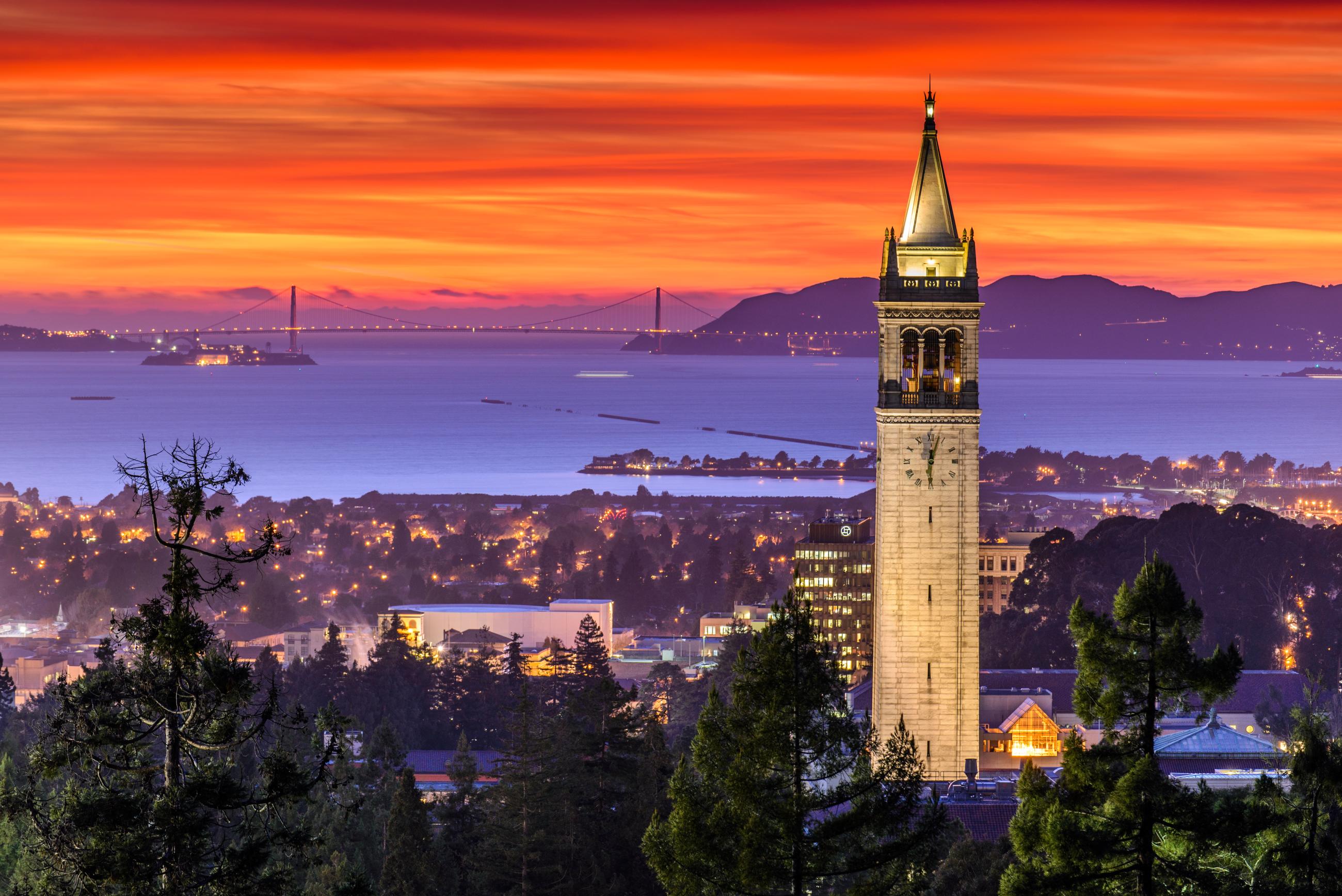 UC Berkeley's Campanile against an orange sunset.